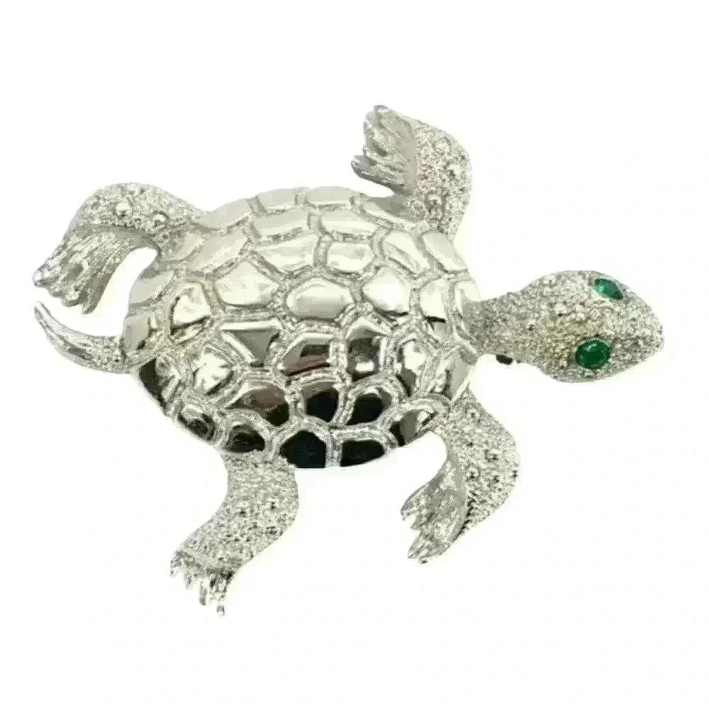 Vintage Monet Sea Turtle Tortoise Brooch Silverplate Green Rhinestone Eyes